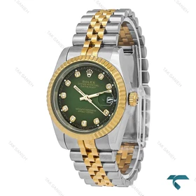 ساعت رولکس مردانه دورنگ طلایی صفحه سبز مشکی ایندکس نگین Rolex-7982-G