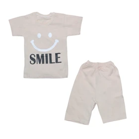 ست تیشرت آستین کوتاه و شلوارک بچگانه مدل لبخند کد PJ1151 رنگ کرم