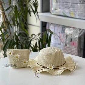 کلاه و کیف حصیری دخترانه طرح بابونه