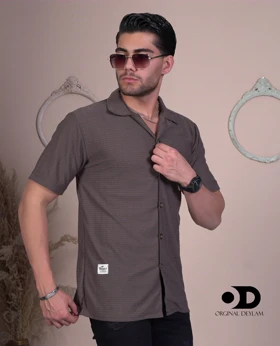 پیراهن انگلیسی مردانه رنگ کاراملی پارچه مراکشی بافت زنبوری