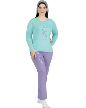 ست لباس راحتی زنانه نخی آستین بلند مدل رویا