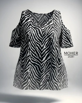 تیشرت سرشانهباز زنانه سایز بزرگ طرح زبرا مشکی سفید