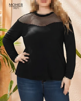 بلوز زنانه سایز بزرگ پنبه‌ای با یقه توری