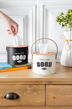 جا دستمال کاغذی با درب چوبی و بند چرمی