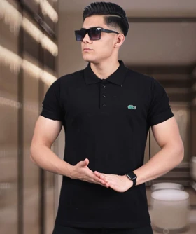 پولوشرت لاگوست مشکی پارچه جودون نخی کیفیت استثنایی استایل رگولار