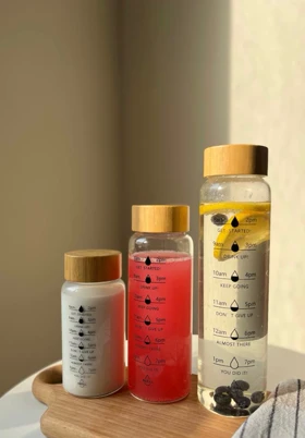 بطری آب شیشه ای درب بامبو در سه سایز