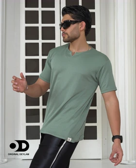 تیشرت یقه کوبایی سبز سدری مردانه پارچه میله ای بهترین کیفیت