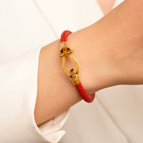 دستبند چرم استیل FRED سگک طلایی رنگ قرمز طول دستبند: 21 سانت