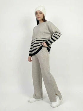 بلوز بافت و شلوار بگ کمر کش ریزبافت ترک طرح پایین راه راه