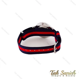 ساعت DW زنانه نقره ای صفحه مشکی بند برزنت سرمه ای قرمز DW-4981-L