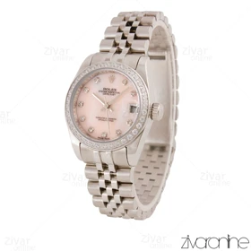 ساعت رولکس دیت جاست زنانه نقره ای دور نگین صفحه صورتی 105578