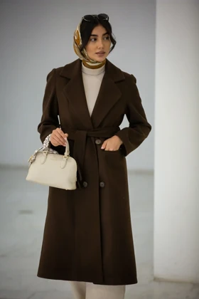 پالتو فوتر زنانه بلند یقه انگلیسی 4 دکمه (قهوه ای)