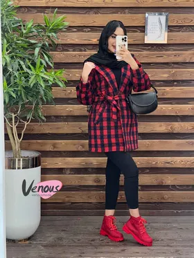 پالتو چهارخونه کمردار
