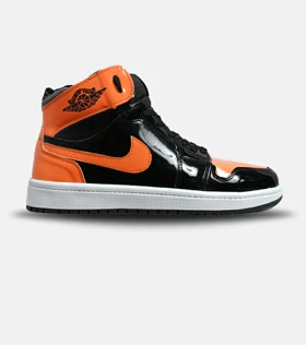 کفش کتانی مردانه و زنانه ساق‌دار مشکی نارنجی ورنی NIKE jordan 1