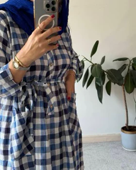 پیراهن مانتویی لینن چهارخونه