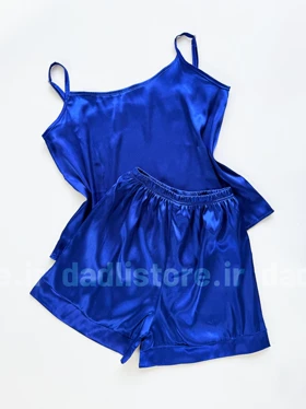 ست لباس خواب تاپ و شورتک ساتن ساده آبی کاربنی