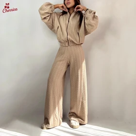 ست سویشرت و شلوار بافت کرمی کد 27