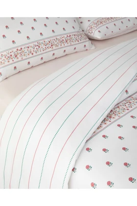 سرویس روتختی دو نفره با ملحفه کشدار English Home مدل Floral Lines پنبه - صورتی - سبز