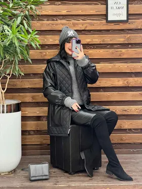 کاپشن لوزی دوزی آستین چرم