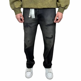 شلوار جین زاپدار مردانه ذغالی با شست دارک واش