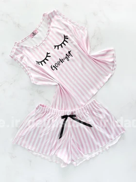 ست لباس خواب تاپ و شورتک ساتن طرح ویکتوریا سکرت Good Night