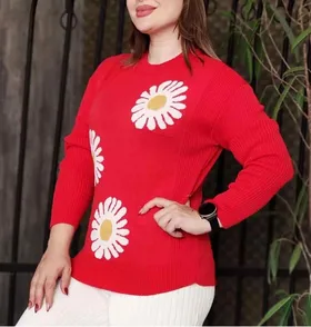 بلوز بافت بابونه کوتاه یقه گرد آستین بلند زنانه کد 1575