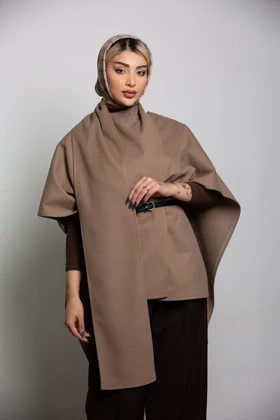 پالتو پانچ رویا با کمربند چرم (کرم تیره)