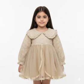 پیراهن بلند زمستونه کرمی دخترانه وارداتی