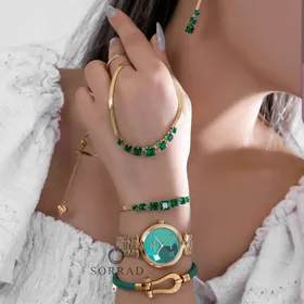 ساعت الگانس زنانه شیشه منشوری / ساده بند استیل رنگ طلایی صفحه سبز
