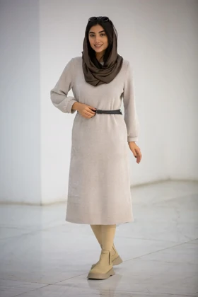 پالتو بلند کفتان زنانه یقه گرد بیسکوییتی