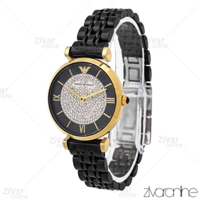 ساعت امپریو آرمانی زنانه طلایی مشکی صفحه نگینی 106162