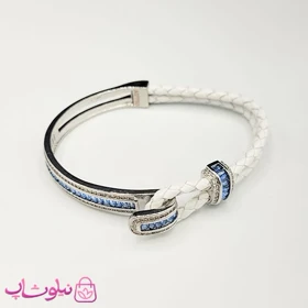 دستبند زنانه بولگاری مدل چرم استیل آبی سفید نقره ای کیفیت مستر کد 1600