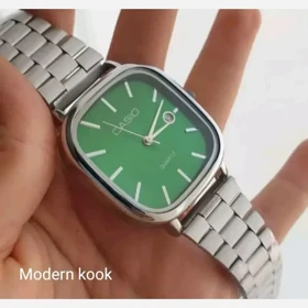 ساعت مچی مردانه کاسیو casio اصل ، صفحه مربعی سبز بند استیل نقره ای ضد آب رنگ ثابت