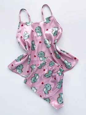 ست لباس خواب تاپ و شورتک ساتن طرح دایناسور