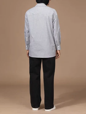 تونیک زنانه کتان یقه مردانه دکمه صدفی جیب‌دار کژوال عطرانه