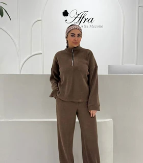 ست مخمل کبریتی نیم زیپ کد 14003884 (قهوه ای)
