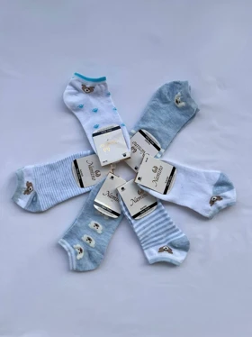 جوراب مچی دخترانه سفید آبی خرسی 20004