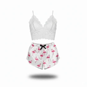 ست نیمتنه گیپور و شلوارک طرح فلامینگو 022