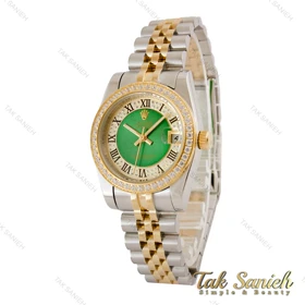 ساعت رولکس زنانه دورنگ طلایی دورنگین صفحه سبز ایندکس رومی Rolex-5119-M-L