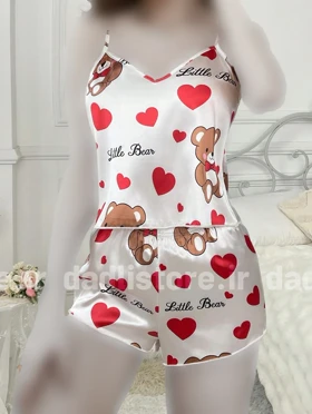 ست لباس خواب تاپ و شورتک ساتن طرح خرس
