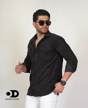 پیراهن مخمل کبریتی مشکی مردانه دو جیب پارچه پنبه اعلا