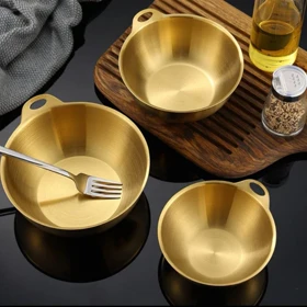 کاسه استیل تک دسته گرد و گود طلایی