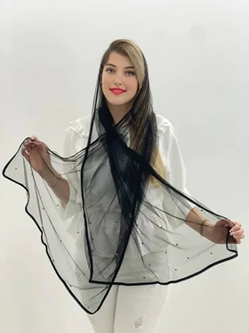 شال توری مشکی مرواریدکوب | شال مجلسی و رسمی شب با جلوه‌ای خاص