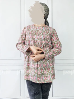 تونیک ارکیده آستین پاکتی طرح گل صورتی