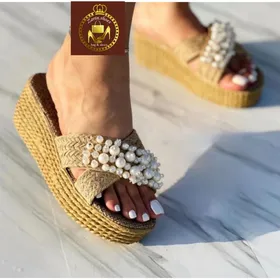 صندل و روفرشی کنفی حصیری لژدار مرواریدی زنانه F 46