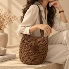 کیف بافت حصیری قهوه‌ای کد 6326