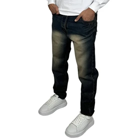 شلوار جین مام فیت مردانه سرمه ای با افکت روشن