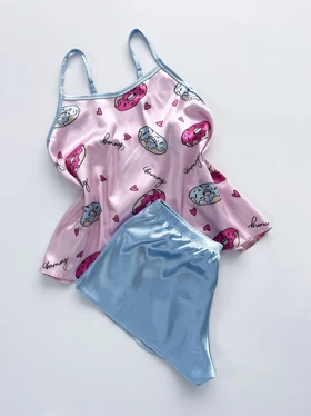 ست لباس خواب تاپ و شورتک ساتن طرح دونات