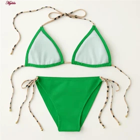 مایو دوتکه زنانه رنگ سبز با بند کرم مدل h-1207