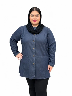 مانتو جین زنانه سایز بزرگ عصایی دو جیب